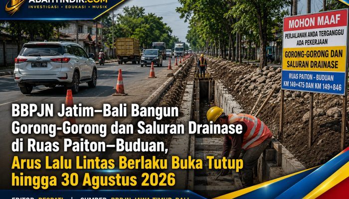 BBPJN Jatim–Bali Bangun Gorong-Gorong dan Saluran Drainase di Ruas Paiton–Buduan, Arus Lalu Lintas Berlaku Buka Tutup hingga 30 Agustus 2026
